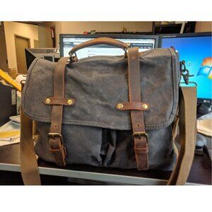 Men 15.6 Inch Waterproof Waxed Canvas Vintage Genuine Leather Briefcase-Grey